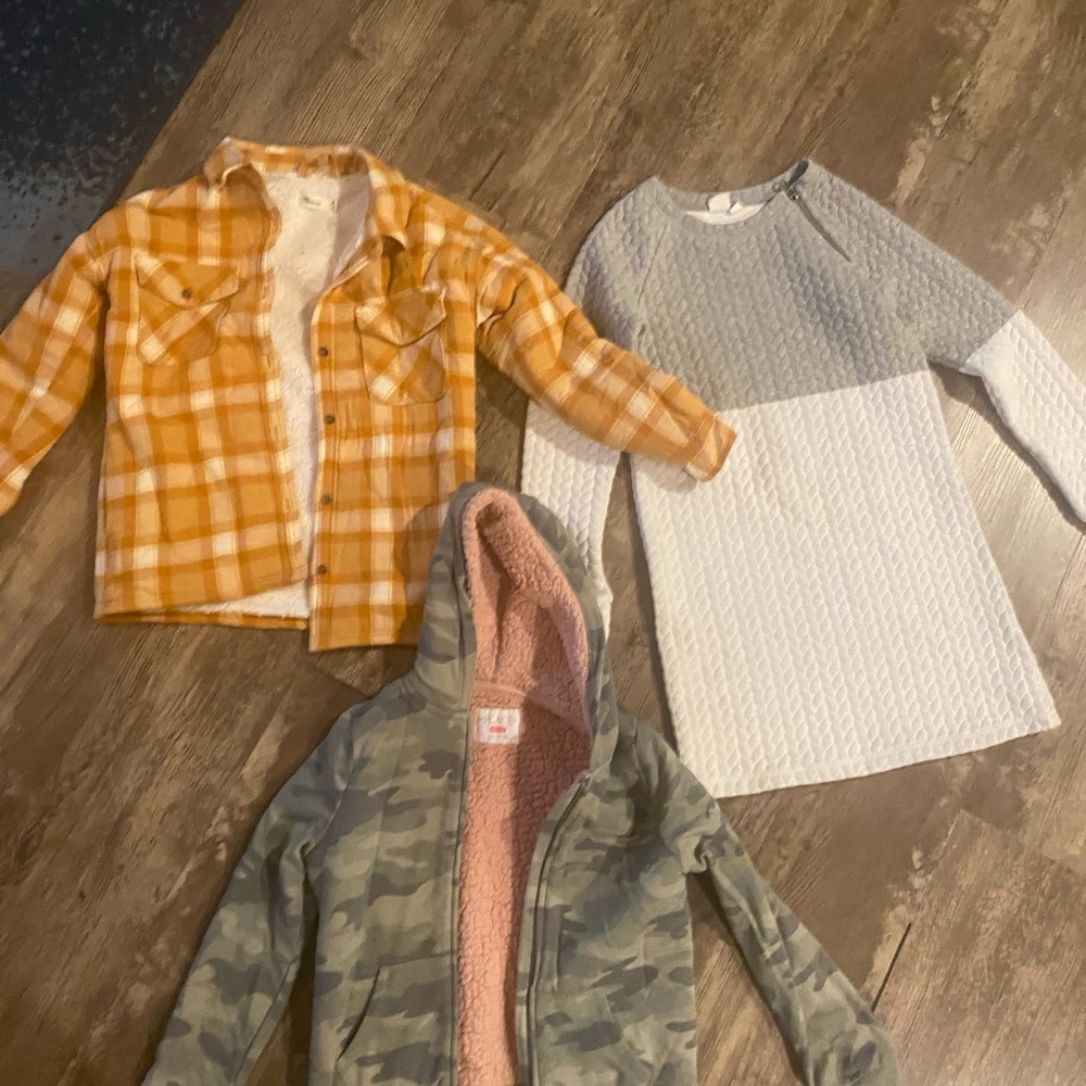 Orange Checkered Button-Down Shirt Lined Camo Hoodie and Grey Textured Dress